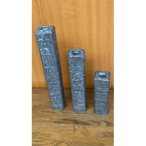 502 - Patrick Meyer Brutalist Art Carved Pewters Candle Sticks (30cm Highest)