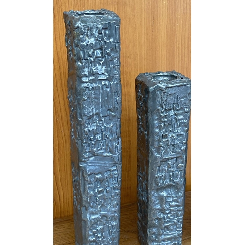 502 - Patrick Meyer Brutalist Art Carved Pewters Candle Sticks (30cm Highest)