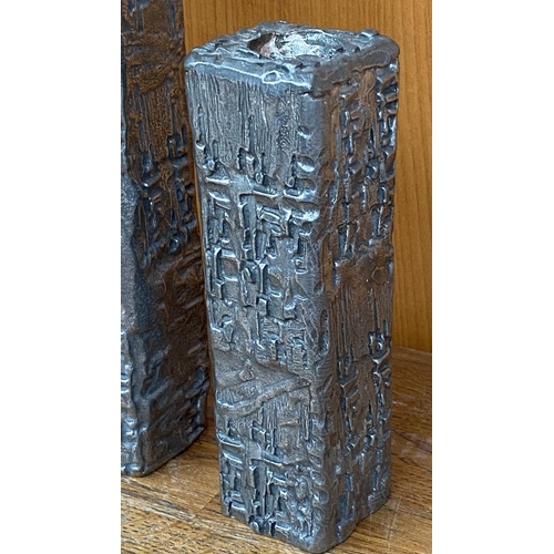 502 - Patrick Meyer Brutalist Art Carved Pewters Candle Sticks (30cm Highest)