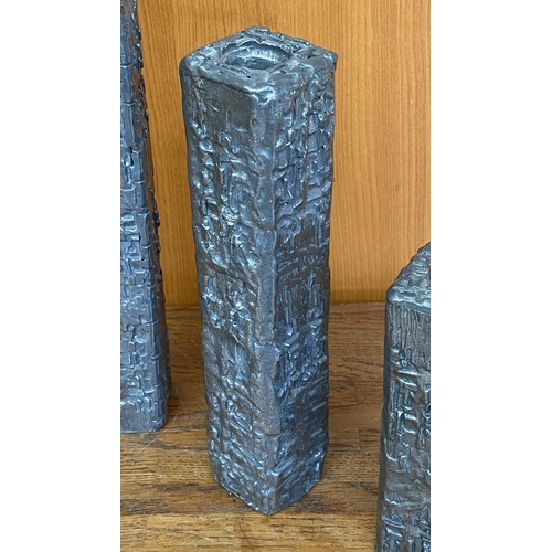 502 - Patrick Meyer Brutalist Art Carved Pewters Candle Sticks (30cm Highest)