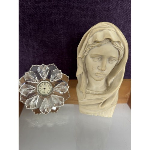 570 - ASFOUR Crystal Desk Top Clock Together with Virgin Mary Cast Resin Bust