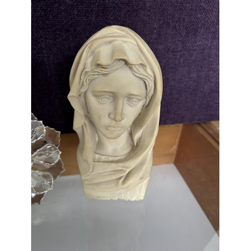 570 - ASFOUR Crystal Desk Top Clock Together with Virgin Mary Cast Resin Bust