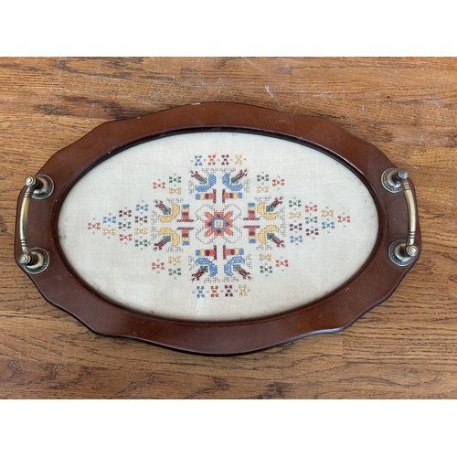 624 - Vintage Hand Embroidered Metal Handled Oval Serving Tray