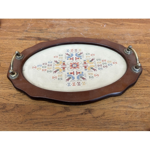 624 - Vintage Hand Embroidered Metal Handled Oval Serving Tray