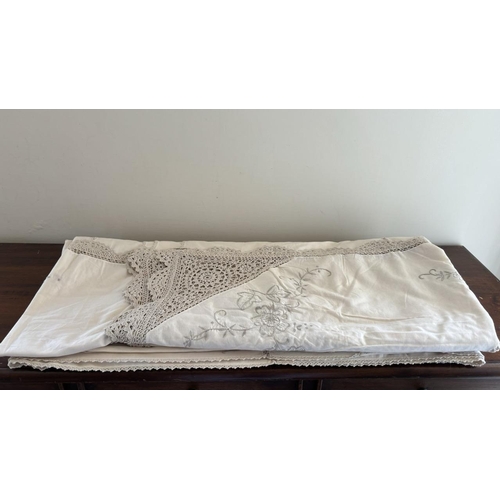 642 - Large Embroidered Handmade Linen Crochet Table Cloth