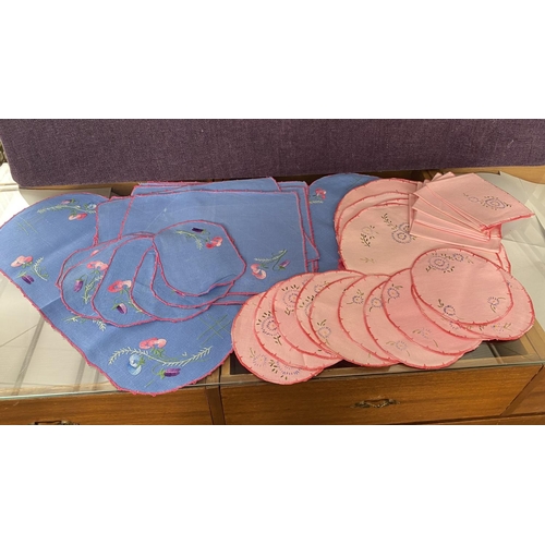 643 - Qty of Vintage Hand Stitched Blue and Pink Linen Embroidery Doilies/Placemats from 1970's (Unused)