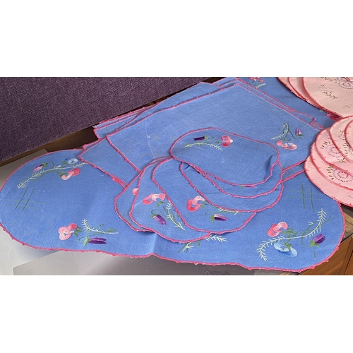 643 - Qty of Vintage Hand Stitched Blue and Pink Linen Embroidery Doilies/Placemats from 1970's (Unused)