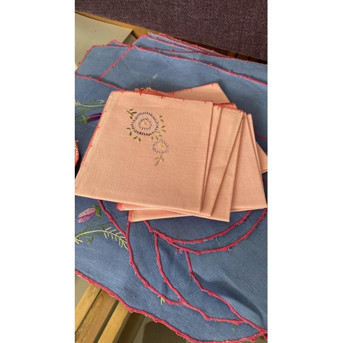 643 - Qty of Vintage Hand Stitched Blue and Pink Linen Embroidery Doilies/Placemats from 1970's (Unused)