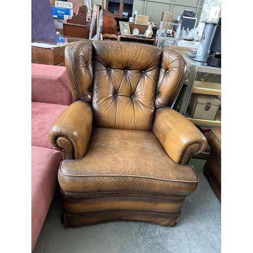 698 - Brown Cow Leather Chesterfield Like Sofa Set, 3-Seat Sofa and 2 Armchairs From 1970's Very Good Cond... 