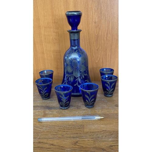 12 - Vintage Italian Venetian Style Cobalt Glass Decanter with Silver Overlay Liqueur Set