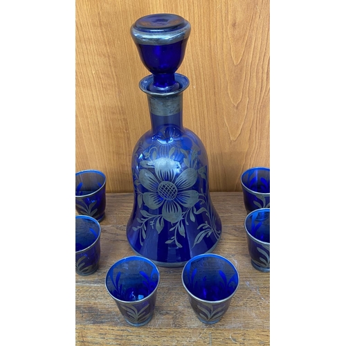 12 - Vintage Italian Venetian Style Cobalt Glass Decanter with Silver Overlay Liqueur Set