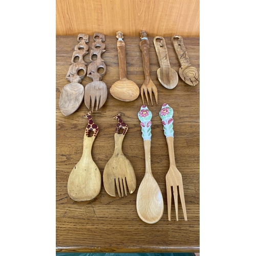 251 - Qty of Hand Carved Wooden Kitchen Utensils Set/Salad Servers