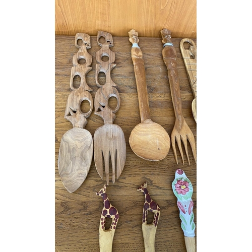 251 - Qty of Hand Carved Wooden Kitchen Utensils Set/Salad Servers