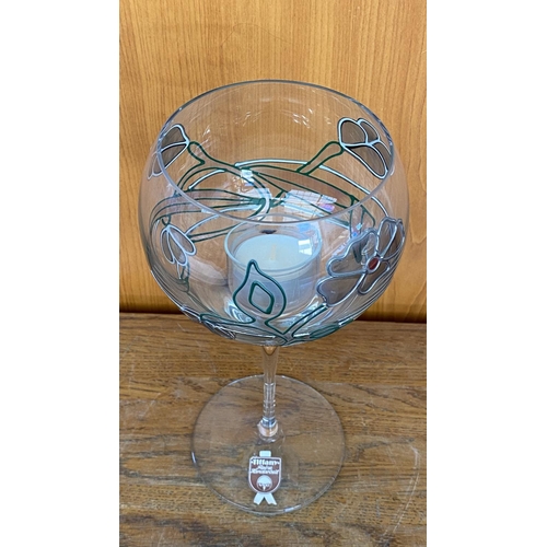 254 - Tiffany Reine Handmade By Nagel Tall Printed Floral Crystal Glass Tealight Holder with Silver Rim