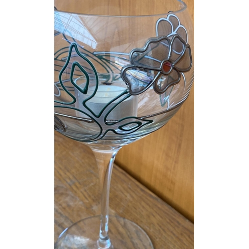 254 - Tiffany Reine Handmade By Nagel Tall Printed Floral Crystal Glass Tealight Holder with Silver Rim