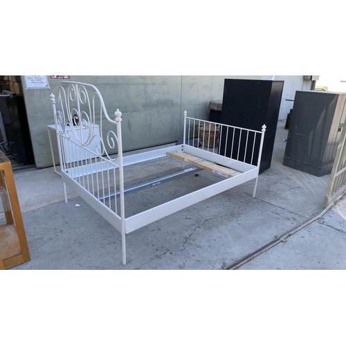 320 - 'Ikea' White Wrought Iron Double Bed with Base (No Mattress)