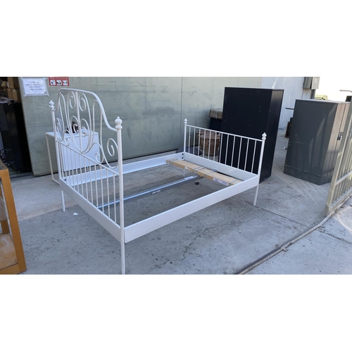 320 - 'Ikea' White Wrought Iron Double Bed with Base (No Mattress)