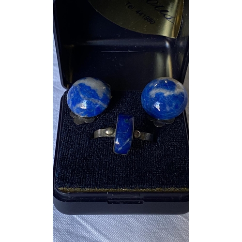 317 - Silver 925 Ring with Blue Stone Together with Matching Blue Clip-On Earrings