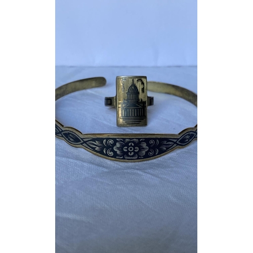 75 - Vintage Traditional Russian Cuff Sterling Silver Bracelet with Niello, Black Enamel and Gilding Toge... 