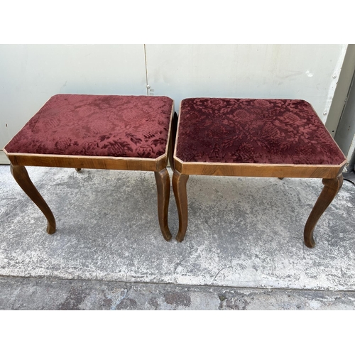 131 - x2 Vintage 1960's Wooden Stools Upholstered in Red Velvet Fabric