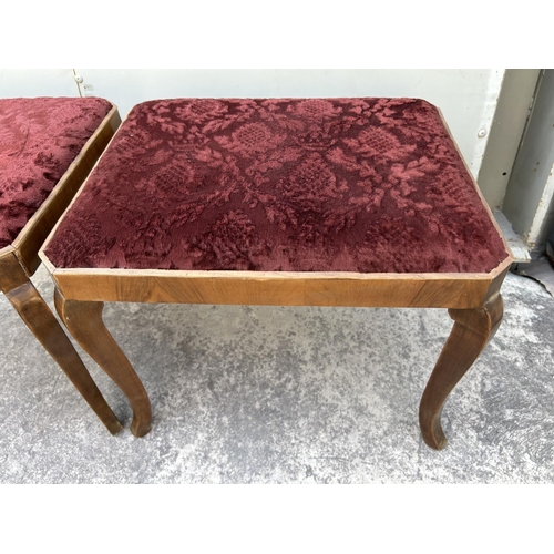 131 - x2 Vintage 1960's Wooden Stools Upholstered in Red Velvet Fabric