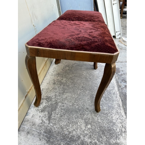 131 - x2 Vintage 1960's Wooden Stools Upholstered in Red Velvet Fabric