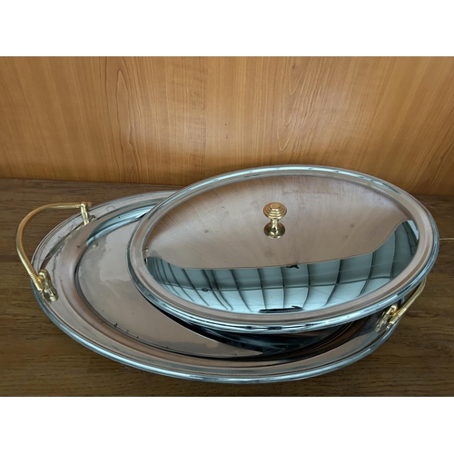 187 - Stainless Steel Serving Tray with Gold Color Handles