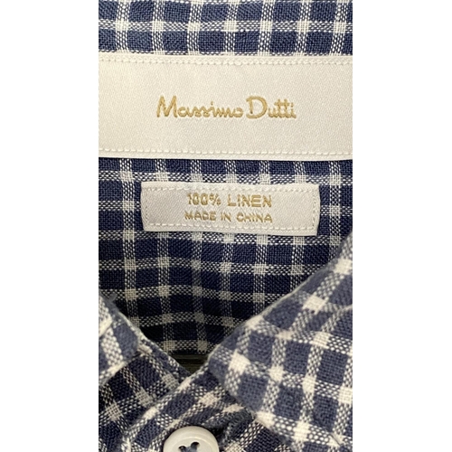 241 - Massimo Dutti Men's Blue and White Checkered Long sleeve 100% Linen Shirt