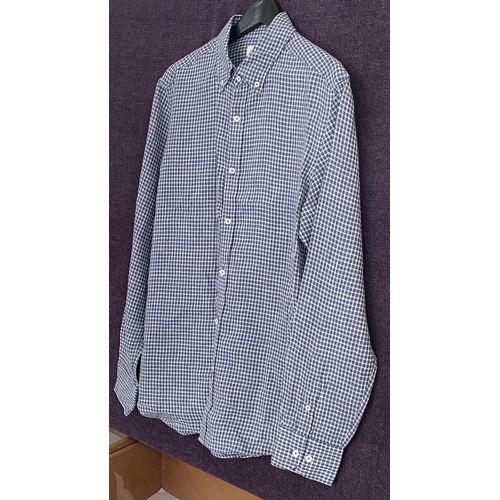 241 - Massimo Dutti Men's Blue and White Checkered Long sleeve 100% Linen Shirt