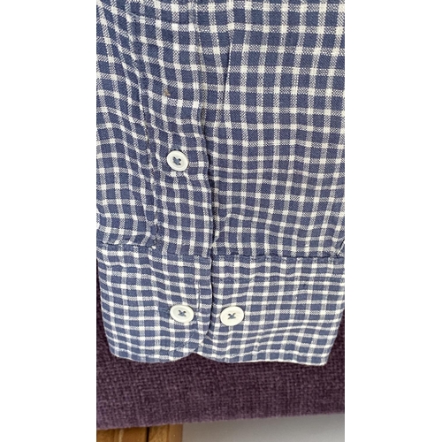 241 - Massimo Dutti Men's Blue and White Checkered Long sleeve 100% Linen Shirt