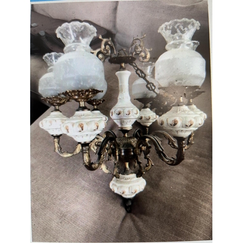 290 - Large Vintage Art Deco Floral Porcelain & Brass 6-Arm Chandelier with 6 Beautiful Original Glass Sha... 