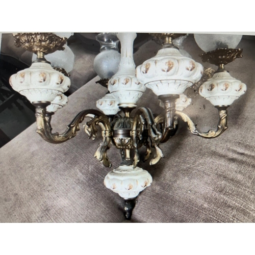 290 - Large Vintage Art Deco Floral Porcelain & Brass 6-Arm Chandelier with 6 Beautiful Original Glass Sha... 