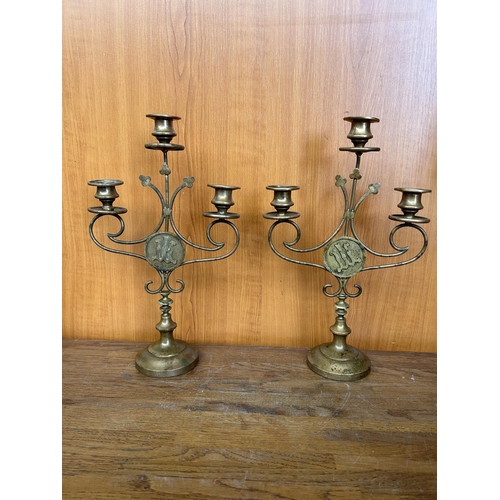 39 - x2 Antique 19th Century 3-Candle Brass Candelabra