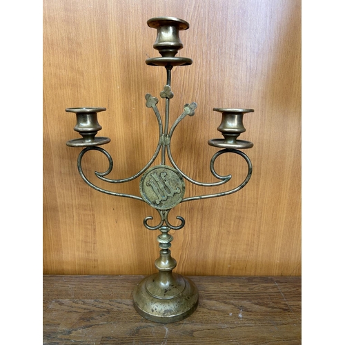 39 - x2 Antique 19th Century 3-Candle Brass Candelabra