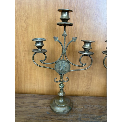 39 - x2 Antique 19th Century 3-Candle Brass Candelabra