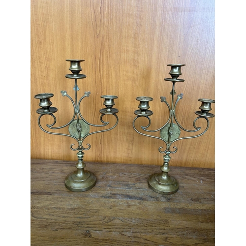 39 - x2 Antique 19th Century 3-Candle Brass Candelabra