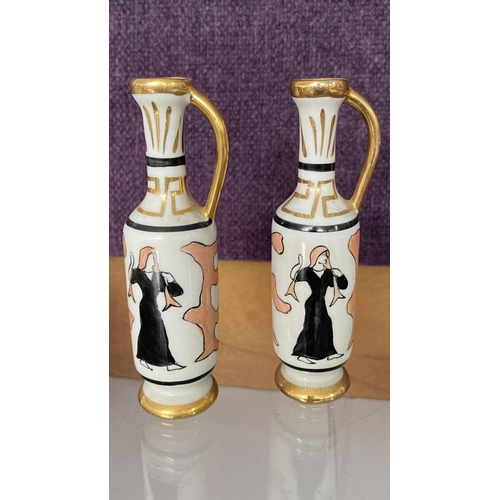 68 - x2 Antique Limoges Small Porcelain Amphora with Gold Details and Paintings of Lady, Signed