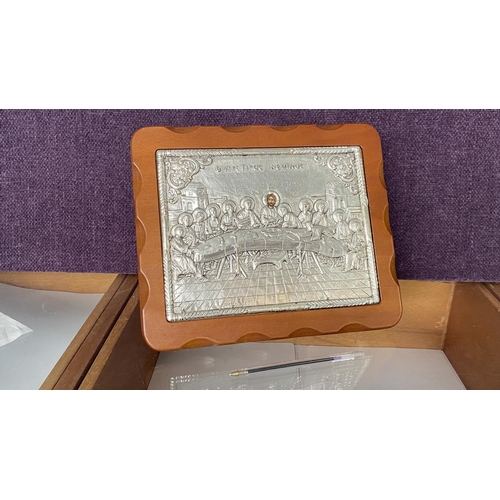 73 - The Last Supper Handcrafted Silver 925 Icon in Brown Wooden Frame (28 x 24cm)