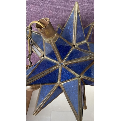 74 - Handmade Blue Moroccan Star Glass Pendant Lamp with Metal Frame and Blue Glass