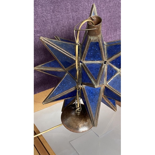 74 - Handmade Blue Moroccan Star Glass Pendant Lamp with Metal Frame and Blue Glass