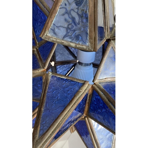 74 - Handmade Blue Moroccan Star Glass Pendant Lamp with Metal Frame and Blue Glass