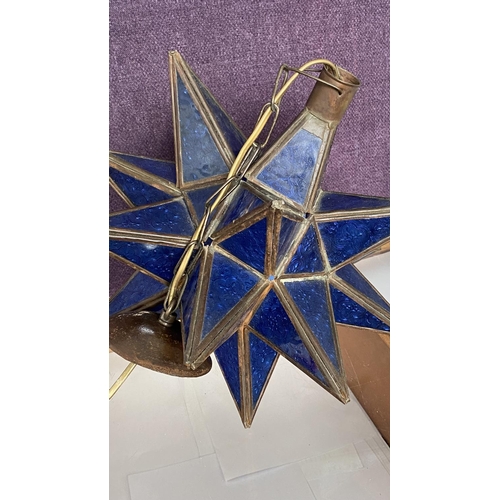 74 - Handmade Blue Moroccan Star Glass Pendant Lamp with Metal Frame and Blue Glass