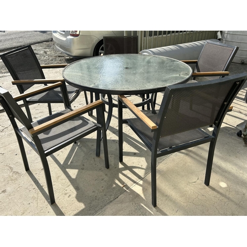 13 - Glass Top Circular Aluminium Garden Table with 5 Matching Stackable Chairs - Code AM6729N, AM6728U, ... 