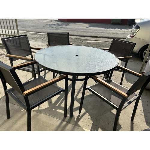 13 - Glass Top Circular Aluminium Garden Table with 5 Matching Stackable Chairs - Code AM6729N, AM6728U, ... 