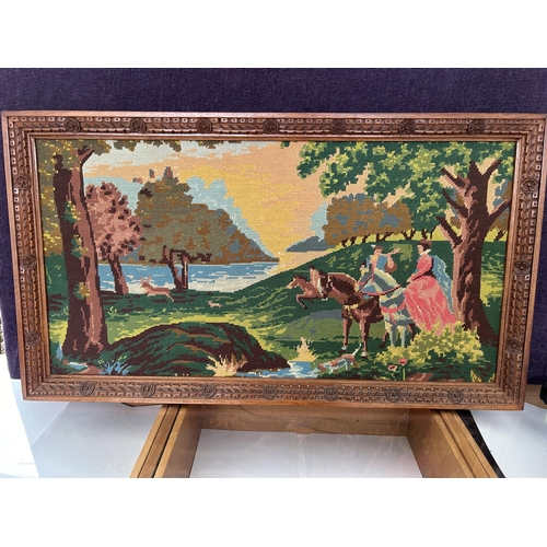 330 - Vintage Embroidery Tapestry on Ornate Carved Wood Frame (91 x 51cm)