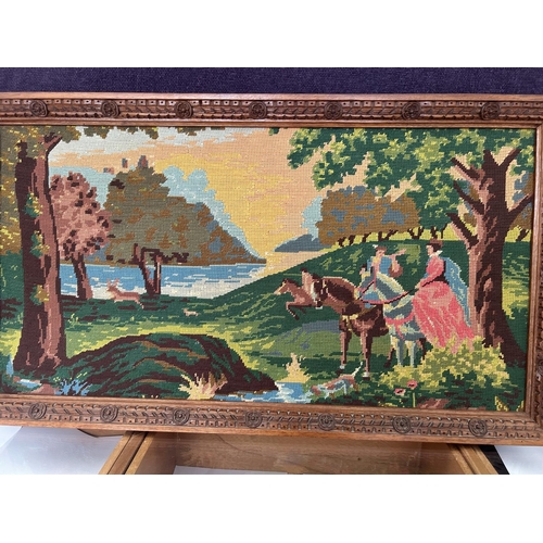 330 - Vintage Embroidery Tapestry on Ornate Carved Wood Frame (91 x 51cm)