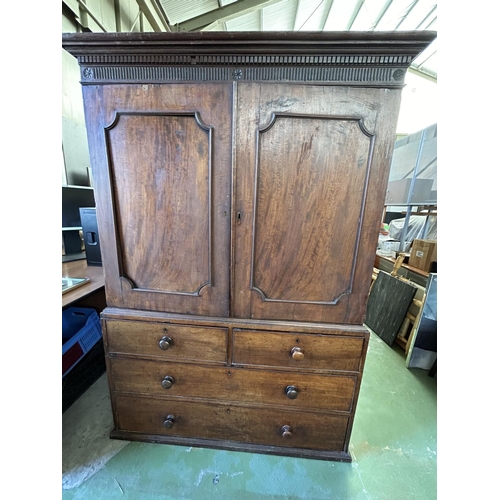 105 - Antique Solid Wood 2-Piece Linen Press. The Two Door upper Section Opening to Reveal Sliding Trays a... 