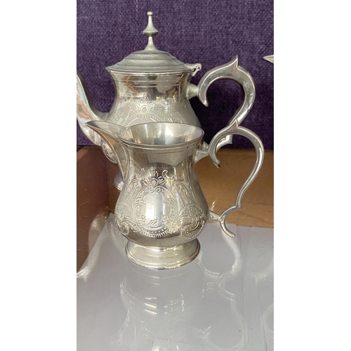 45 - Beautiful Heavy Silver Plated Floral Engraved 4-Piece Coffee/Tea Set