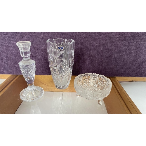 49 - Bohemian Crystal Vase, Candle Stick and Footed Bowl