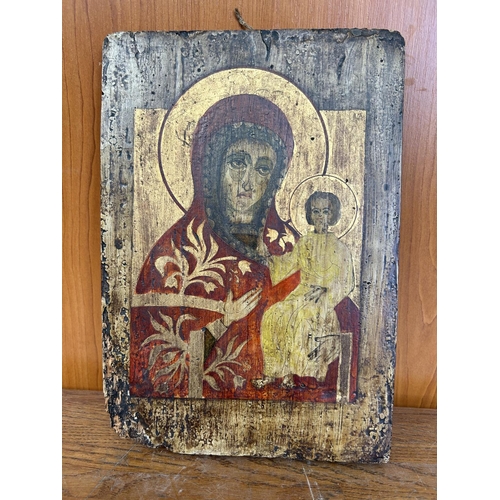 216 - Antique 1800's Restored Icon of Virgin Mary and Child (19 x 28cm)